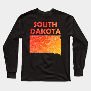 Colorful mandala art map of South Dakota with text in red and orange Long Sleeve T-Shirt